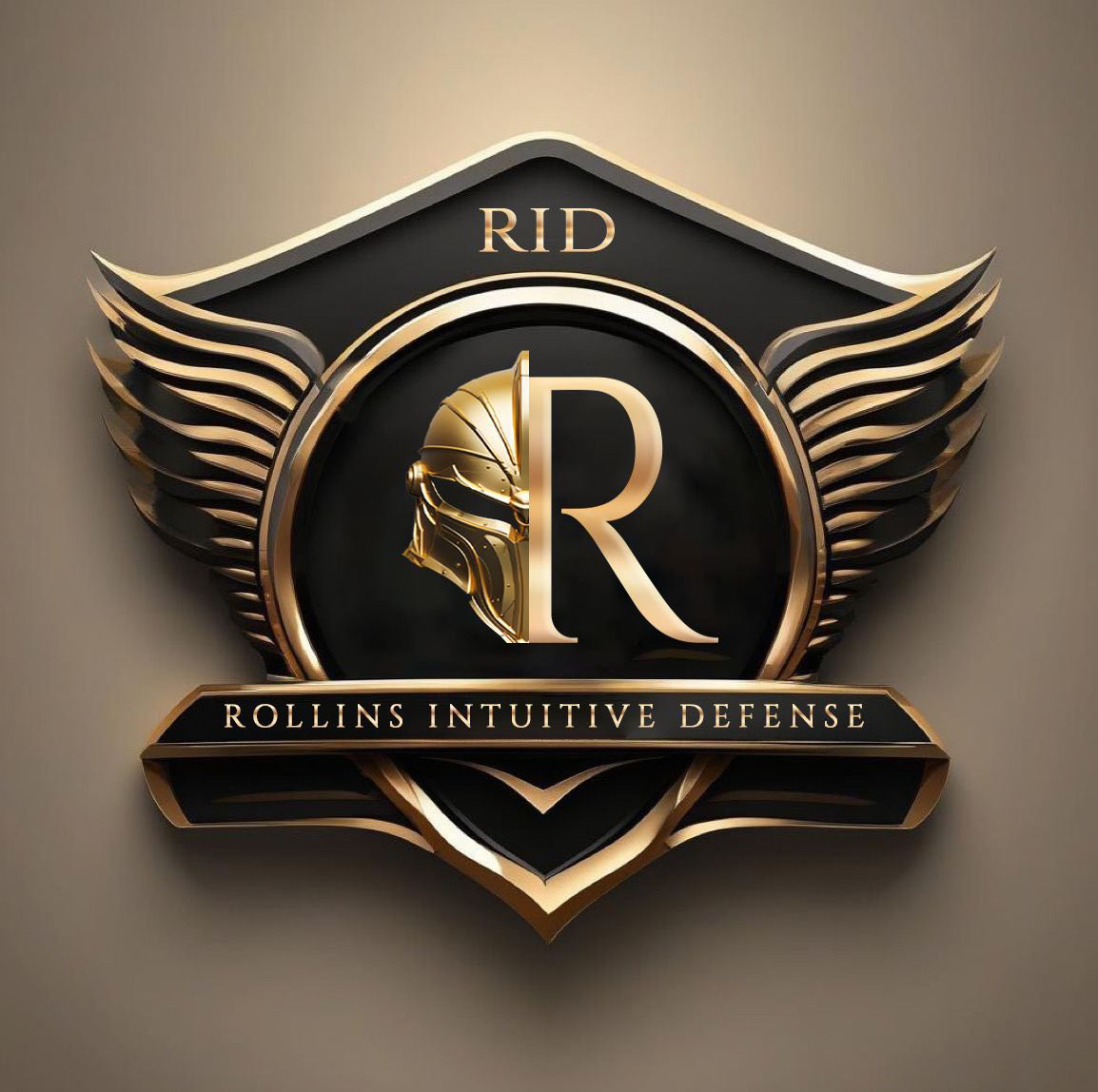 Rollins Intuitive Defense logo: winged black and gold shield